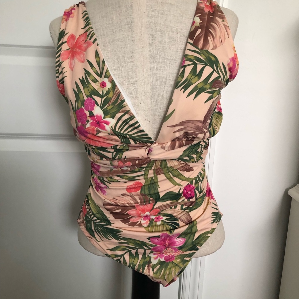Urban Sea Pink Tropical Print V-Neck Swim Suit